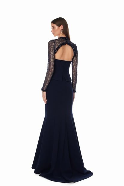 Lacivert Korse Detaylı Dantel Görünümlü Abiye Elbise